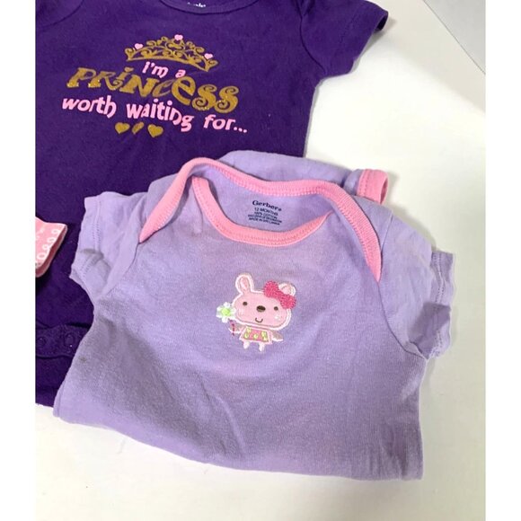 Lot of 4 Bodysuit Girls Infant Baby 12 months Short Sleeve Purple Pink - Picture 2 of 5